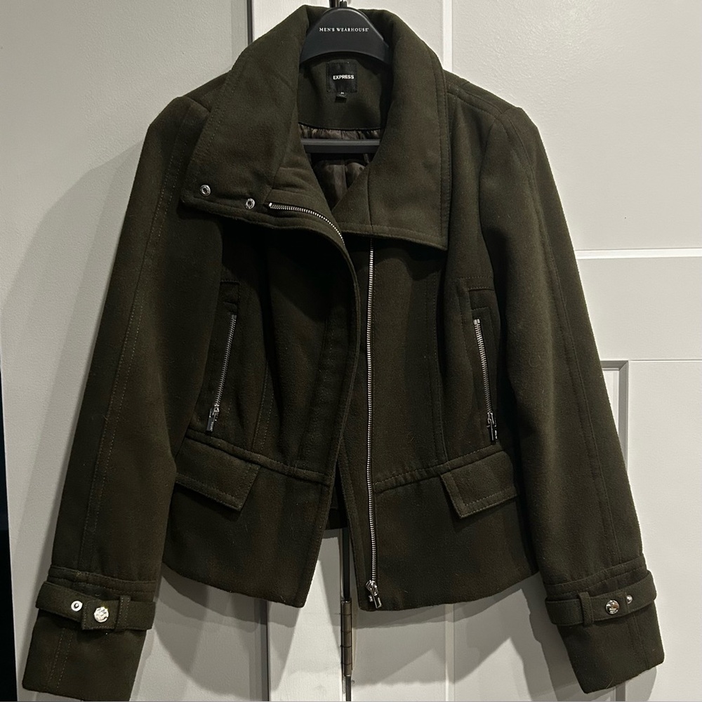 Express Moto Jacket Olive Green Zip Up Military Long Sleeve Coat Medium